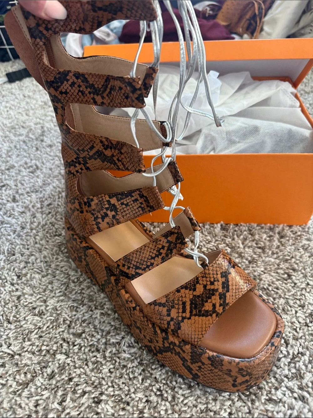 Brown Snake-Print Lace-Up Platform Gladiator Sandals